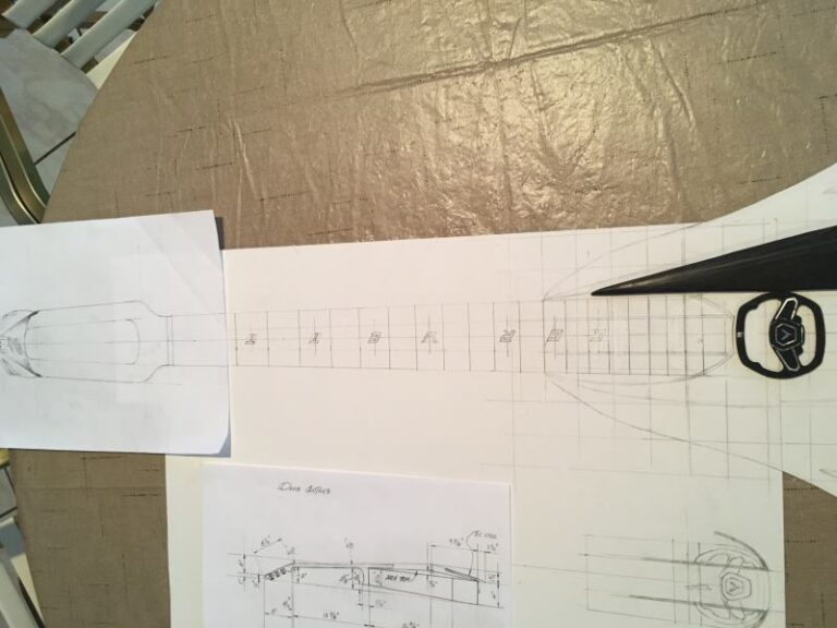 Initial stages of drawing up the Dan Davis custom Corvette Guitar.